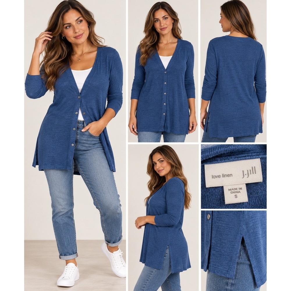 J. Jill Love Linen Blue Longline Cardigan V-Neck Button Front Tunic Small